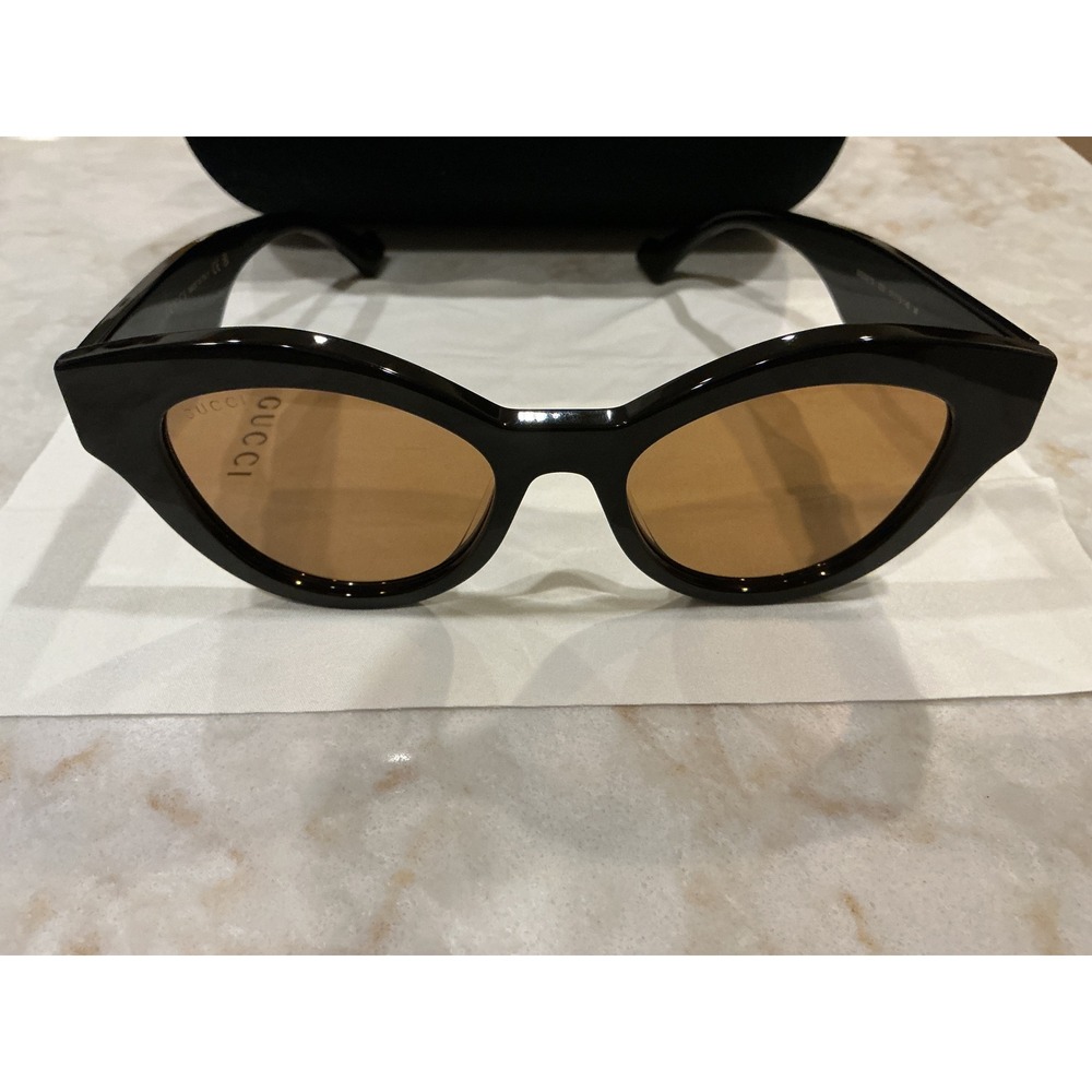 GUCCI GG0957S 003Cat Eye Sunglasses Black Gold Logo Brown Lens Italy M - Picture 11 of 13